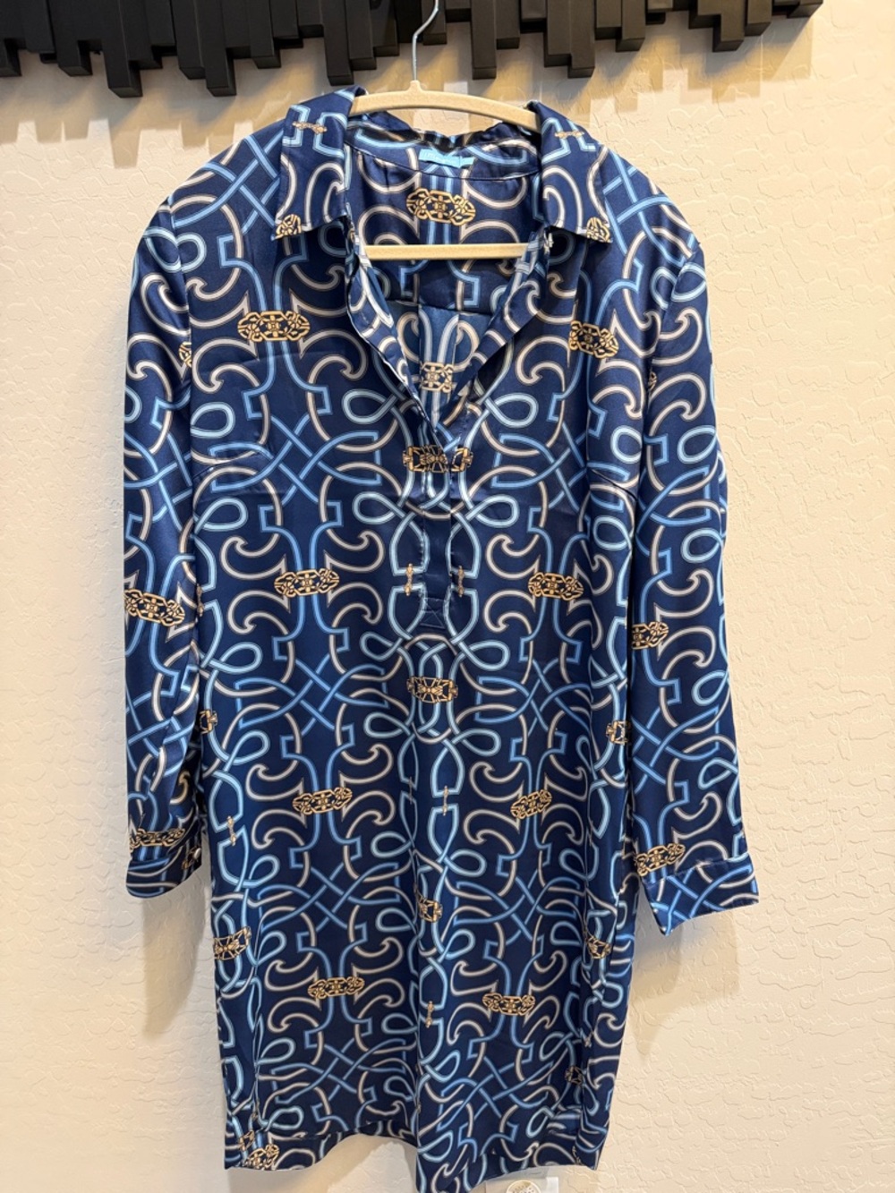 J. McLaughlin Navy & Light Blue Chainlink Print Long-Sleeve Dress